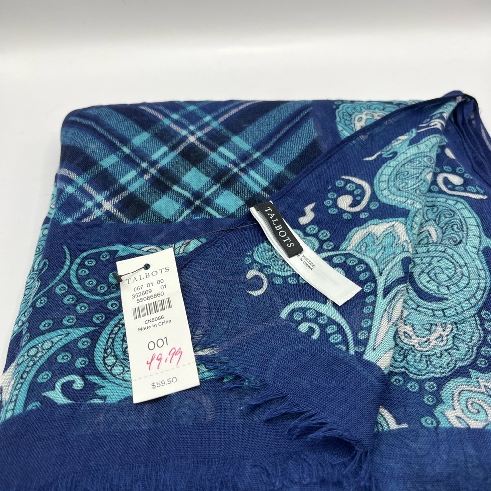 Talbots Teal and Navy White Paisley and Plaid Pattern Blue Tones Lightweight - Picture 4 of 10
